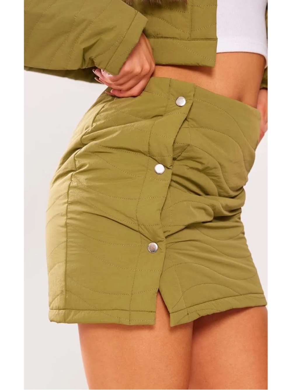 Petite Khaki Quilted Quilted Button Mini Skirt